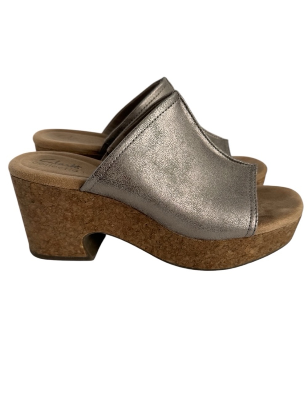 Clarks Collection Metallic Cork Platform Sandals Sz 6.5 Neutral Summer Wedge EUC